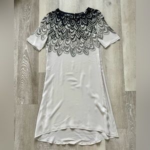 BCBGMaxAzria Tina Silk Feather Print Shift Dress with Slip Mini Gray Taupe